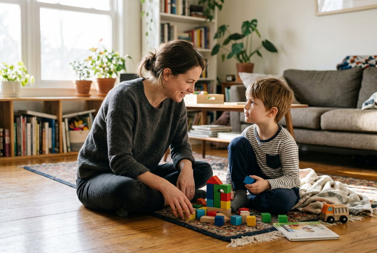 A woman and a young boy play with colorful wooden blocks on a rug in a cozy living room, smiling at each other.