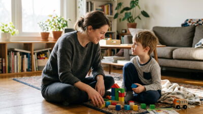 A woman and a young boy play with colorful wooden blocks on a rug in a cozy living room, smiling at each other.